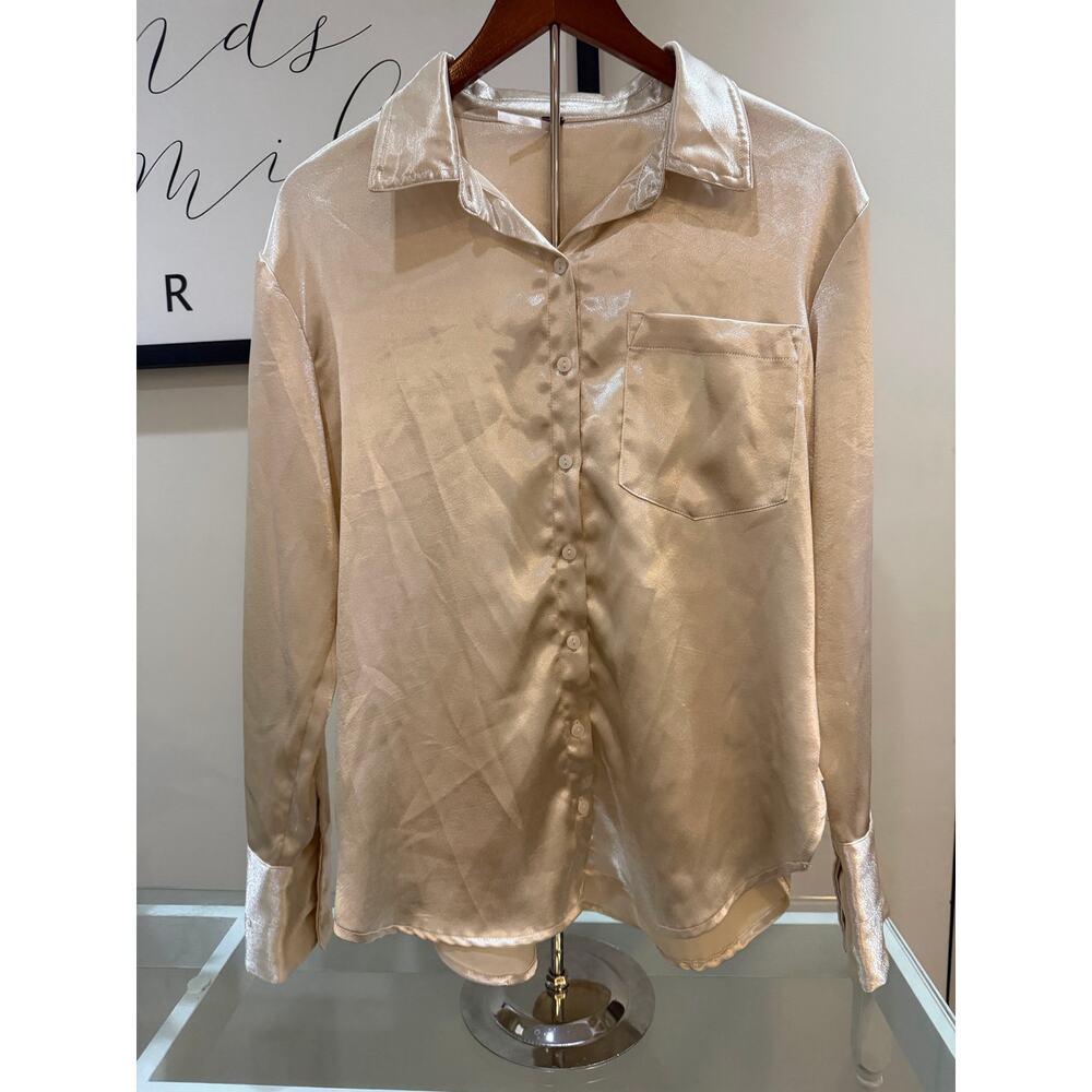 Free People Lustrous Champagne Button-Down Blouse - Size Small
